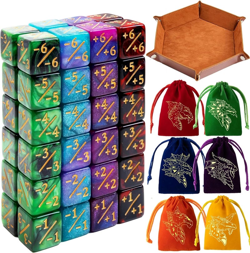 PUGED Magic The Gathering Counter Dice Set 48 Pcs D6 MTG Dice Life Counters Tokens Dice for Magic Card Game Accessories with 6 Pcs Drawstring Bags and Tray (Color) - Image 1